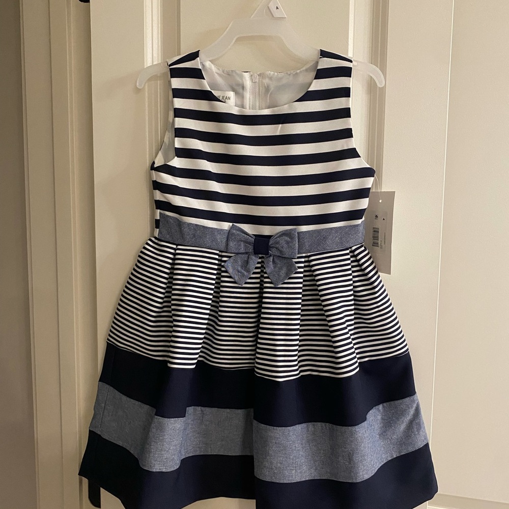 Bonnie Jean Exclusive - Navy/White strip occasion dress with bow. Size 4. NWT